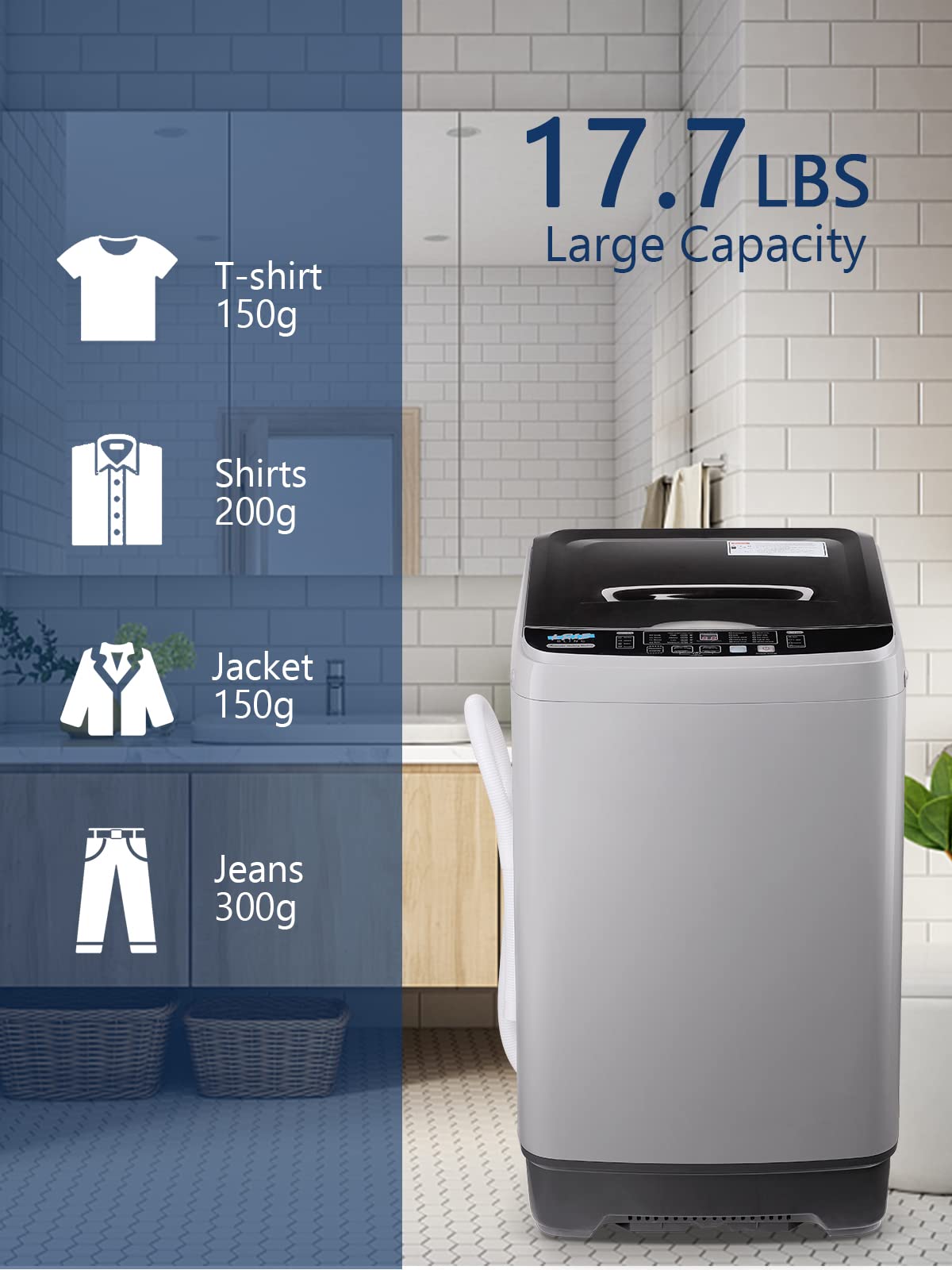 Full Automatic Washing Machine with LED Display - 17.7 lbs Portable Washer with Drain Pump, 10 Programs & 8 Water Levels - Perfect for RV, Camping, Apartments, Dorms & Small Spaces (Dark Grey) - Compact Laundry Solution for Travel, Tiny Homes & Limited Spaces