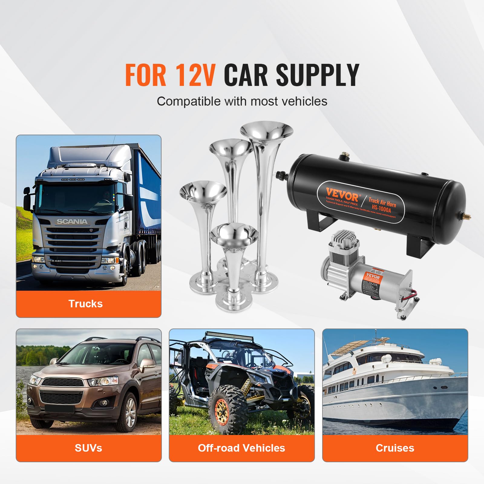 Best Auto Train Horns Kit for Trucks - 150dB Loud 12V Air Horn with 2.6 Gallon Tank & 4 Stainless Steel Trumpets (160PSI) - Complete Train Horn Kit for Cars, Trucks, SUVs (Black) - Perfect for Off-Roading, Emergency Vehicles & Custom Car Upgrades