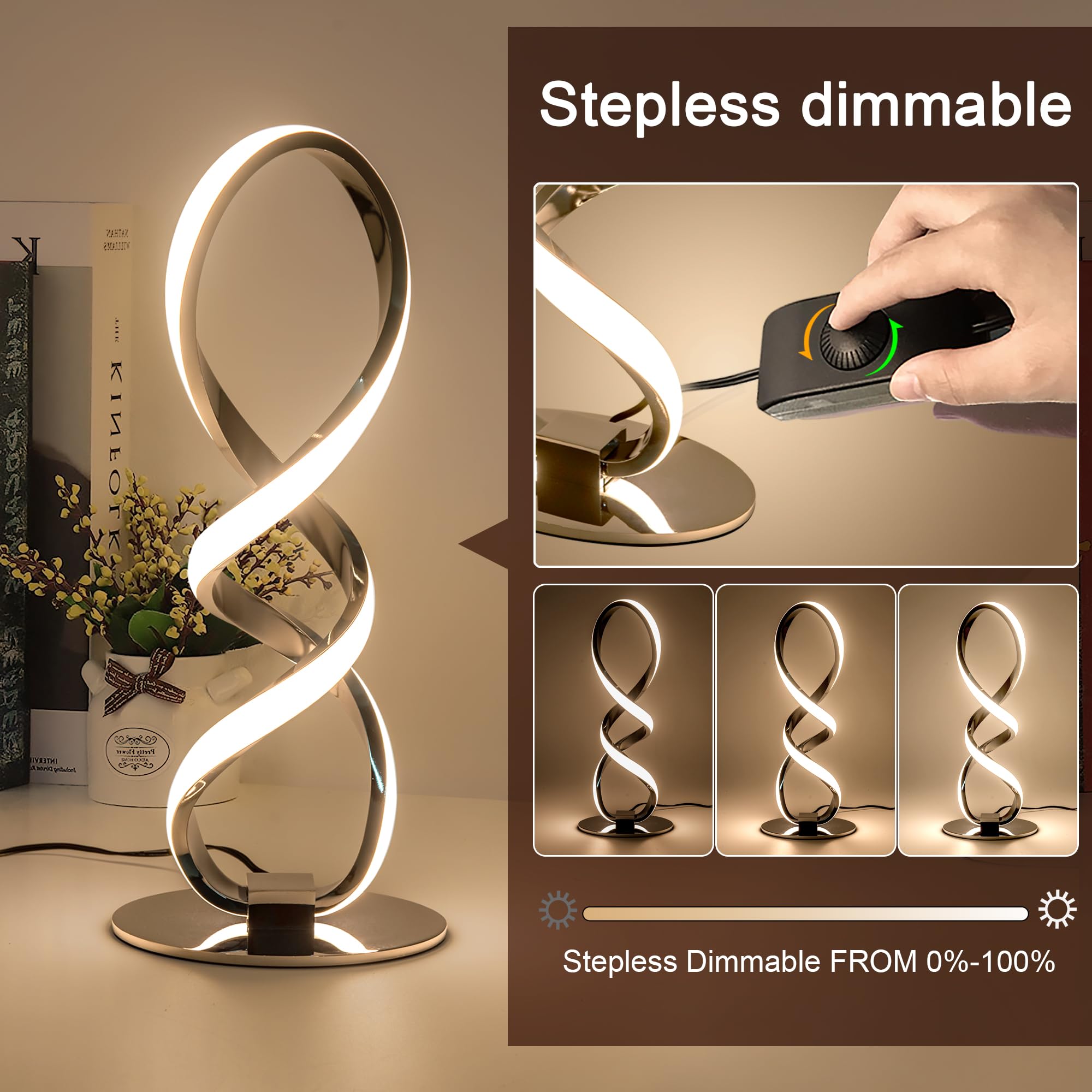 MAYNA LED Spiral Table Lamp - Modern Dimmable Nightstand Light with Stepless Brightness, 3000K Warm White for Bedroom, Living Room, Home & Study | Perfect for Reading, Relaxing & Creating Ambience