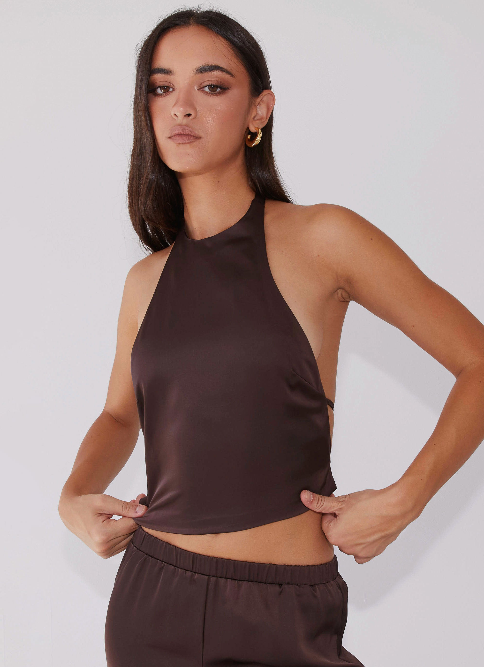 Bree Satin Halterneck Top for Women - Elegant Brown Sleeveless Blouse for Summer, Beach, and Evening Wear