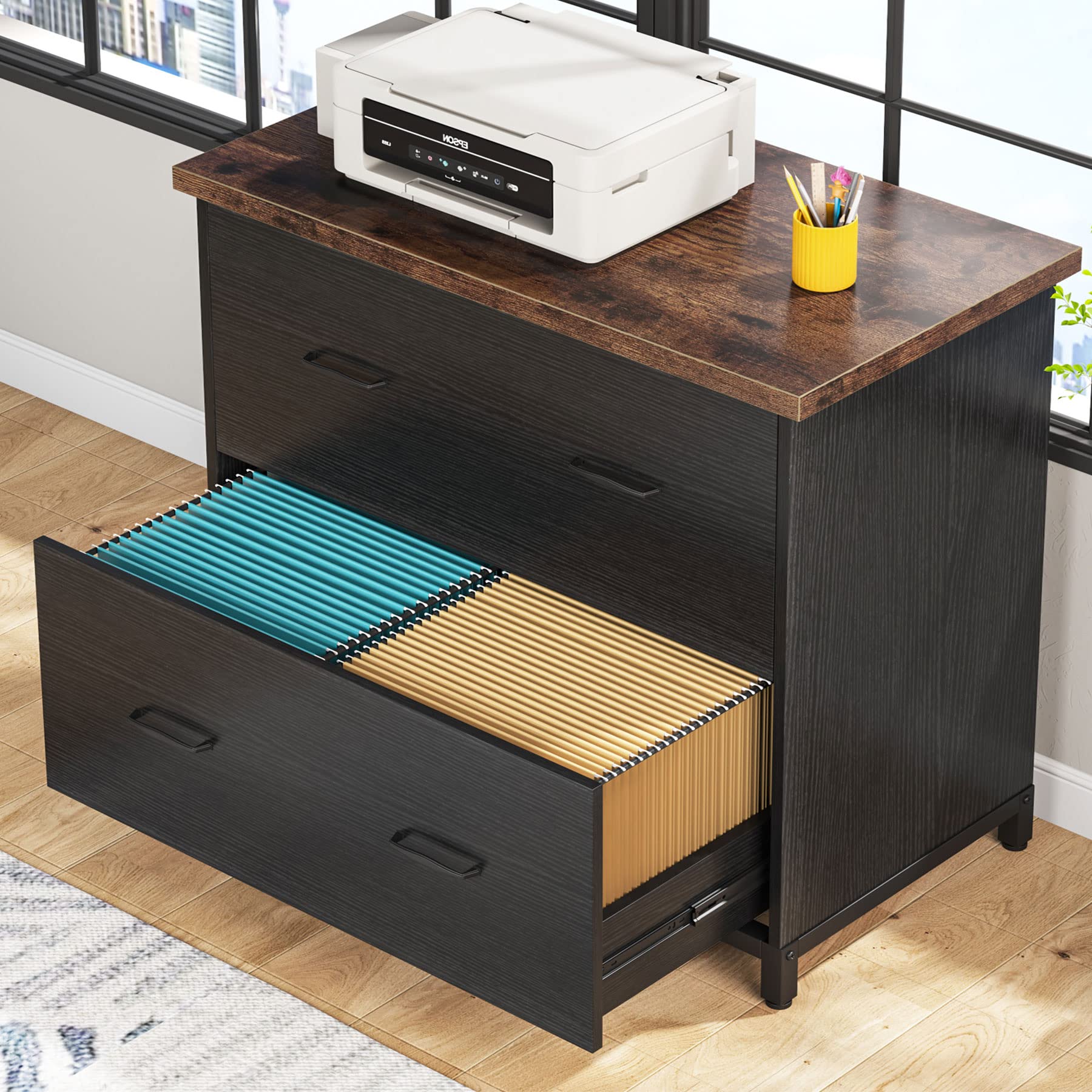 Tribesigns 2-Drawer Wood Lateral File Cabinet - Letter Size Office Storage Cabinet with Printer Stand, Black & Brown - Perfect for Home Office Organization and Document Filing