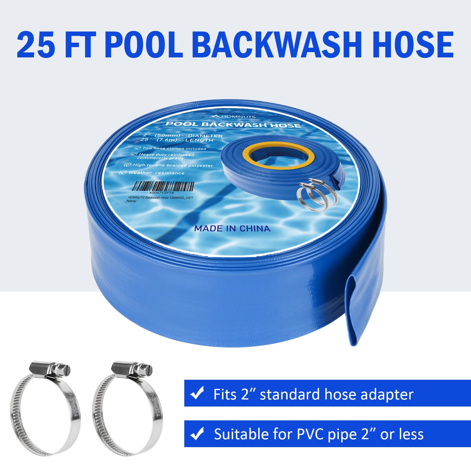 2 Inch x 25 Feet Blue Pool Backwash Hose with Stainless Steel Clamps - Durable Swimming Pool Cleaning Pipe for Water Transfer, Garden Irrigation & Maintenance