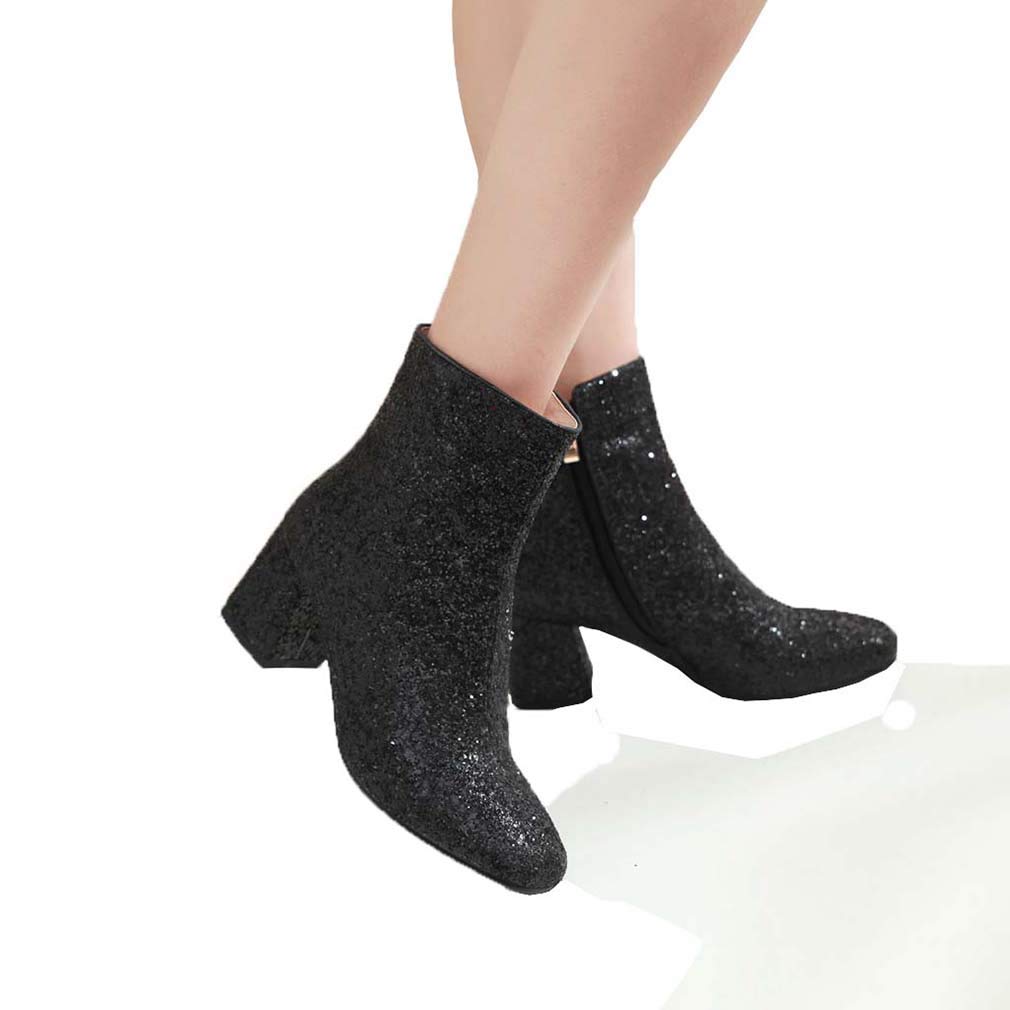 Elyffany Women's Mid Block Heel Glitter Ankle Boots with Zipper - Stylish Party Prom Booties for Ladies | Perfect for Night Out, Club, Wedding & Special Occasions