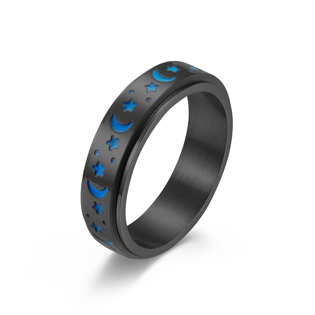 Vpanda Stainless Steel Anxiety Relief Fidget Spinner Rings for Women & Kids - 6MM Moon Star Promise Rings, Glow in the Dark ADHD Sensory Toys - Best Friend Jewelry for Stress Relief, Party Favors & Everyday Wear