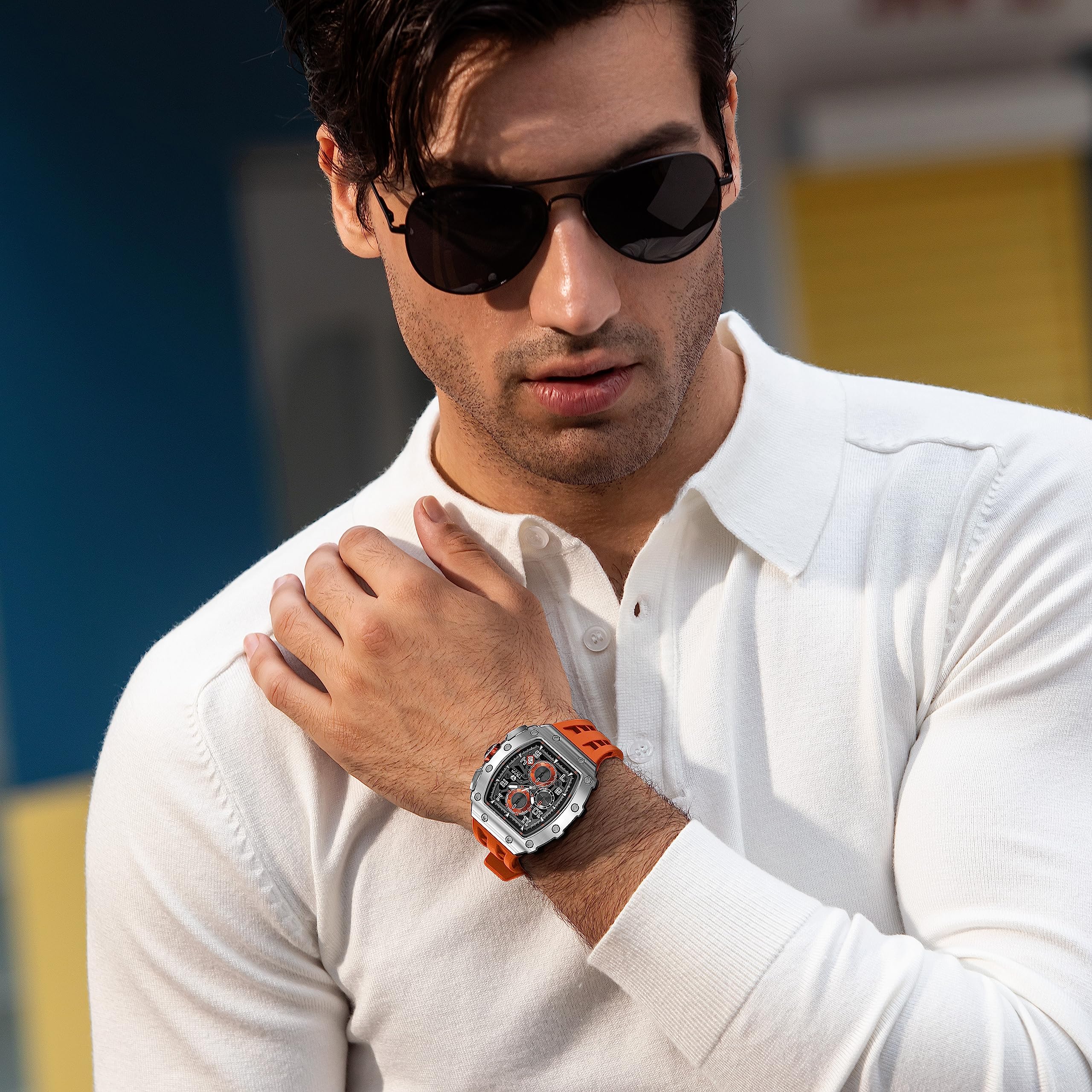 TSAR BOMBA Luxury Men's Watch - 50M Waterproof Tonneau Chronograph with Japanese Quartz Movement & Silicone Band - Perfect for Business, Casual Wear & Outdoor Activities - Ideal Gift for Men