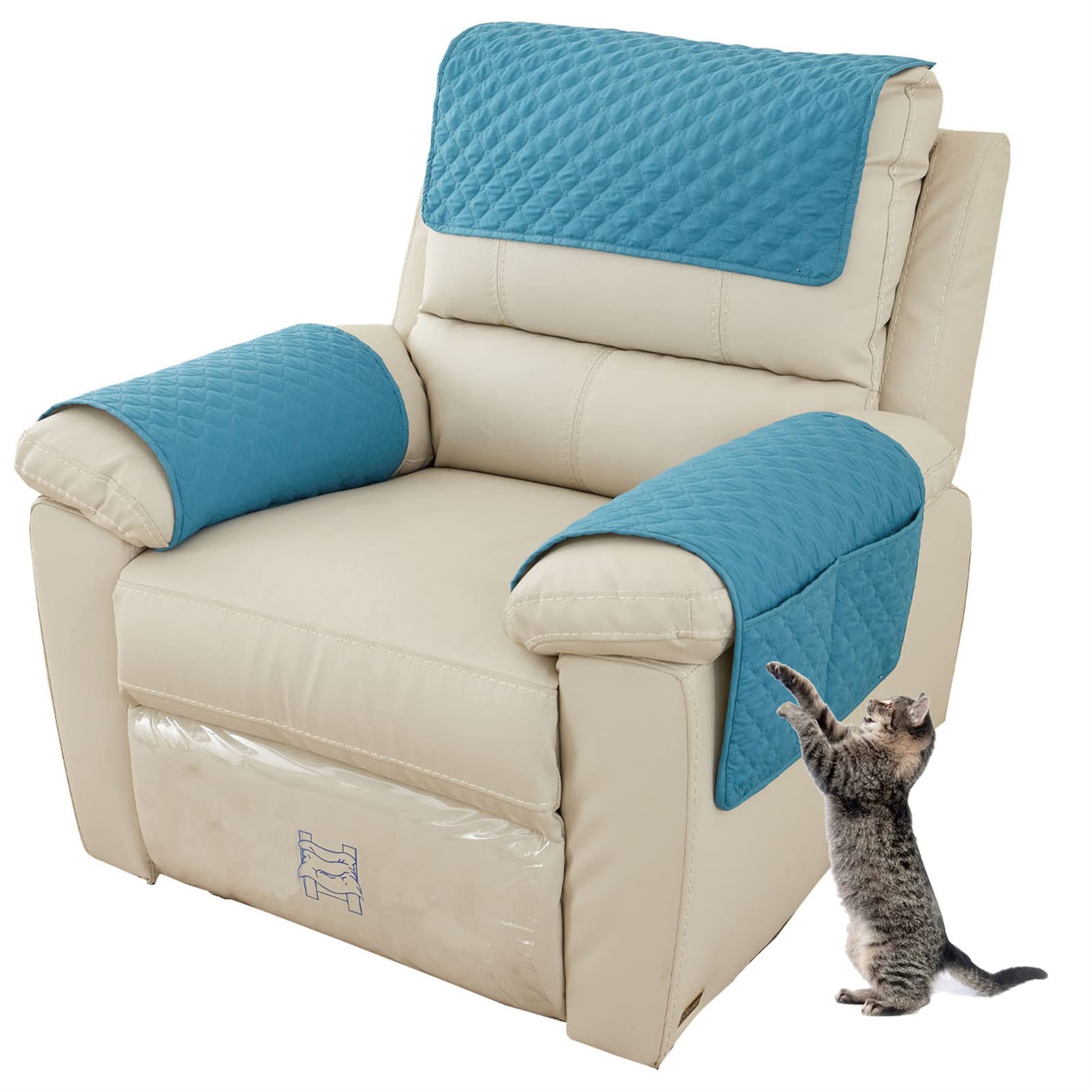 EXTLEZSA Quilted Non-Slip Sofa Armrest Cover & Headrest Protector Set of 3 - Recliner Chair Arm Covers, Pet-Friendly Furniture Slipcovers for Leather Couches (Sky Blue) - Perfect for Living Room, Home Theater & Office Chairs