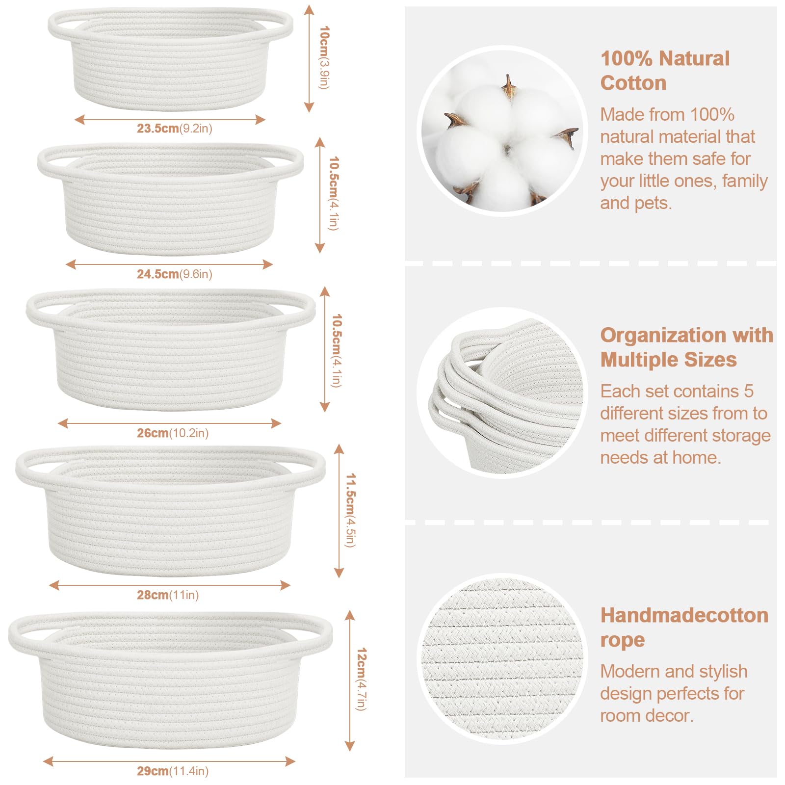 Bellzacasa Small Woven Storage Baskets with Handles - 5 Pack Cotton Rope Organizer Bins for Baby Nursery, Bathroom & Home Decor - Round Shelf Baskets for Toys, Blankets & Essentials (Off White)
