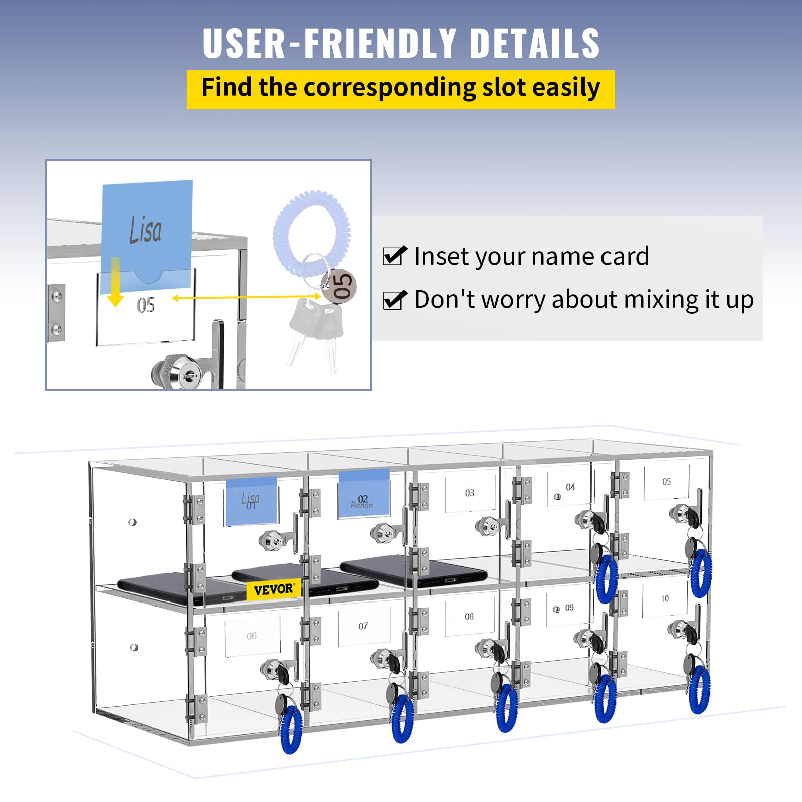 VEVOR 10-Slot Acrylic Cell Phone Storage Locker with Lock & Keys - Wall Mounted Clear Cabinet for Office, Classroom, Gym, Retail & Public Spaces - Secure Phone Organizer for Schools, Workplaces & Fitness Centers