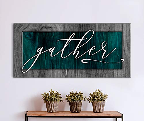Farmhouse Pantry Sign 'Gather V2' - 60 x 27 Inch Rustic Kitchen Wall Decor for Dining Room & Living Room - Dark Teal Wooden Home Decor Sign for Cozy Farmhouse Style | Perfect for Entryway, Kitchen Backsplash or Dining Area Accent