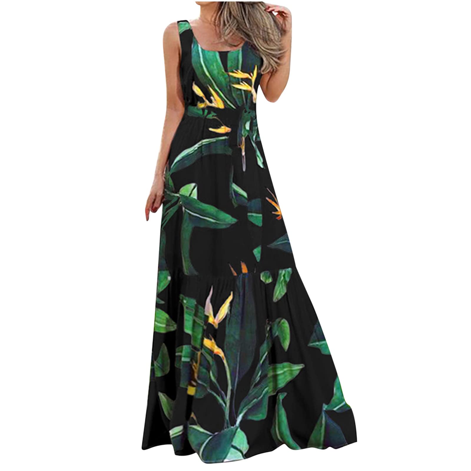 LAWOR Women's Floral Print Sundress - Sleeveless Beach Tank Dress with Belt, Summer Casual Long Dress for Vacation, Pool Party & Outdoor Activities