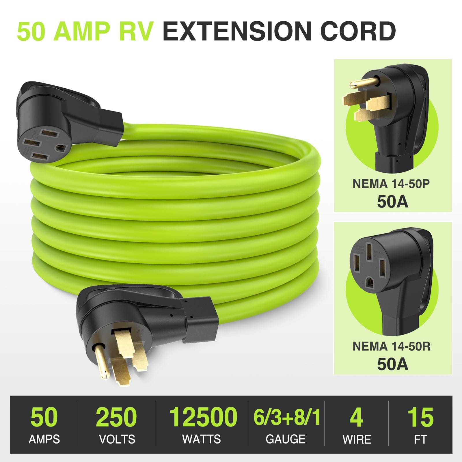 50 Amp 15 FT Heavy Duty RV EV Extension Cord - Bright Green Outdoor Power Cable for Camping, RV Parks & Electric Vehicle Charging