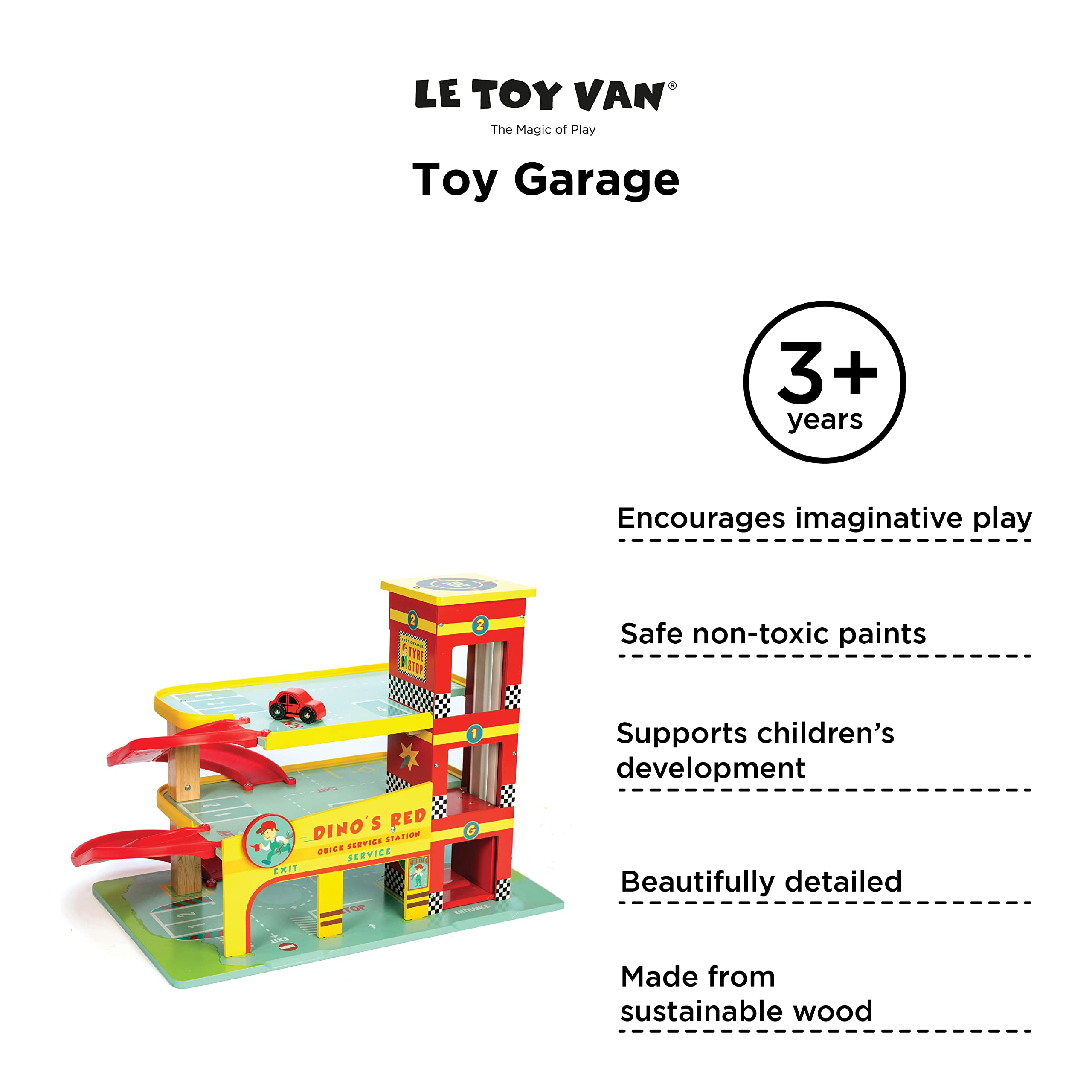 Le Toy Van Dino's Garage Playset (TV450) - Wooden Dinosaur Toy Garage for Kids Ages 3+, Perfect for Pretend Play & Early Learning
