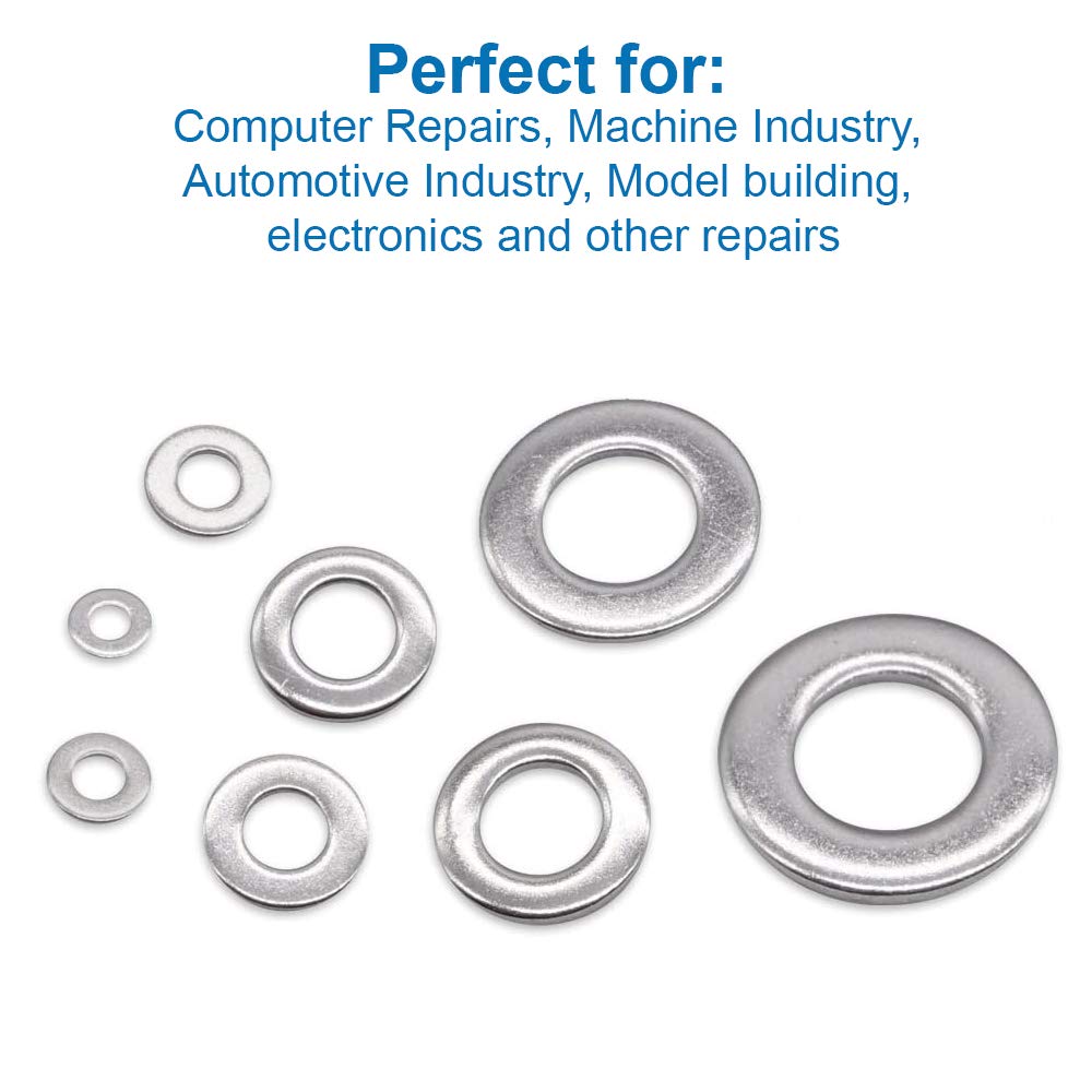 360pcs Stainless Steel Flat Washer Spacers Assortment Kit - M2 M2.5 M3 M4 M5 M6 M8 M10 Size 8 Screw Fixing Bolts & Fastener Tools for DIY, Furniture Assembly, Automotive Repair and Machinery Maintenance