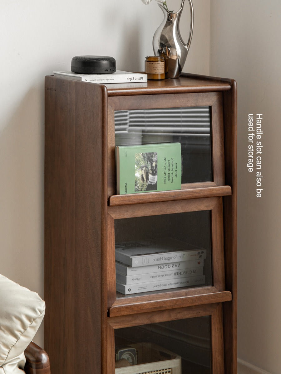 Solid Black Walnut & Oak Wood Glass Flip Door Display Cabinet with LED Lights - Perfect for Living Room, Bedroom & Office Storage & Display