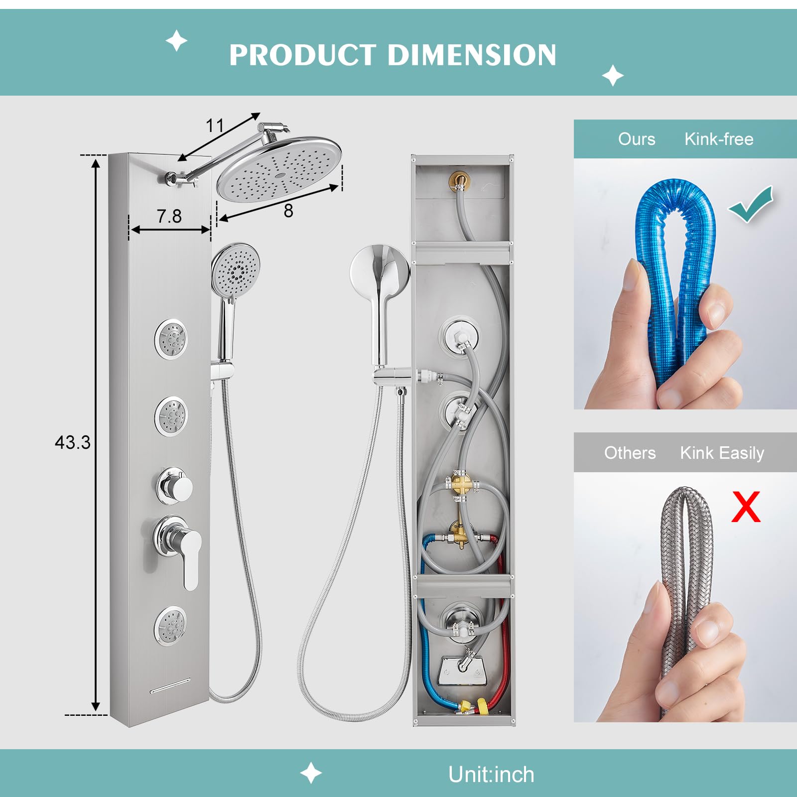 Premium Stainless Steel Shower Panel System - 5-Function Adjustable Handheld Shower Head with 2-Setting Body Jets & Self-Cleaning Nozzles | Brushed Nickel Finish for Bathroom & Spa Relaxation