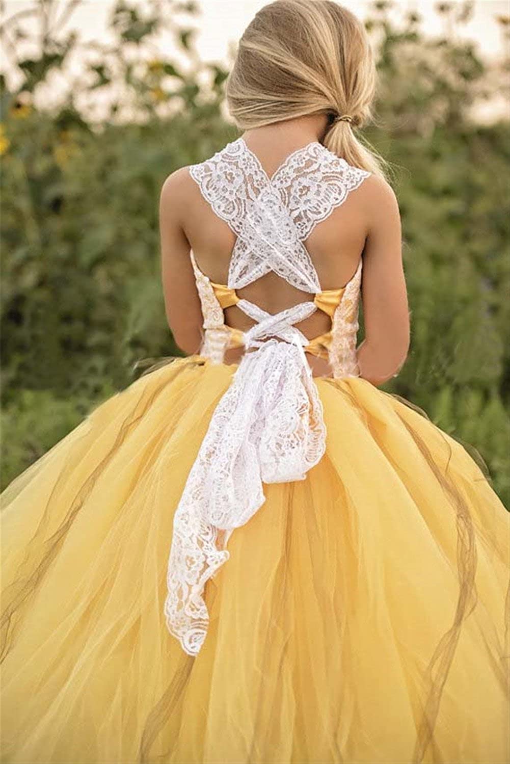 Yellow Tutu Flower Girl Dress with Sunflower Belt for Wedding & Party