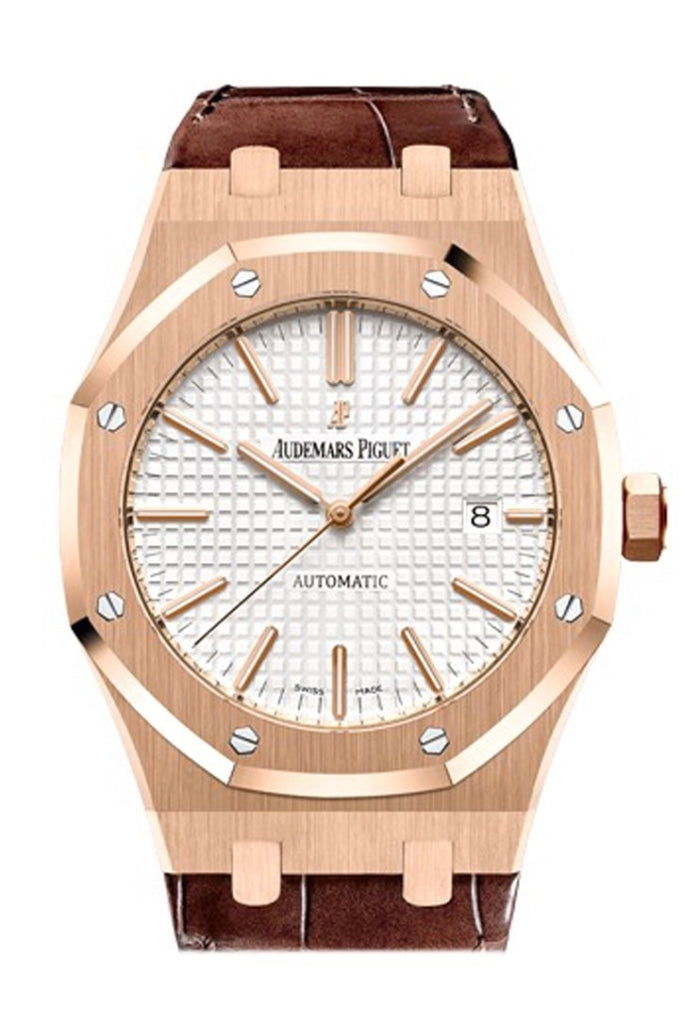 Audemars Piguet Royal Oak 41mm Men's Watch - Silver Dial, Pink Gold Case, Brown Alligator Strap (Model 15400OR.OO.D002CR.01) | Luxury Dress Watch for Business & Formal Occasions