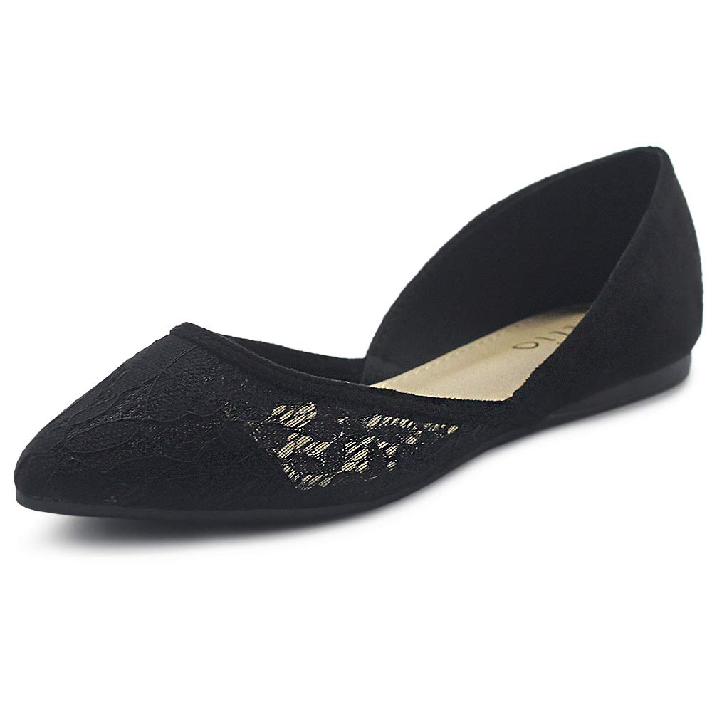 Ollio Women's Ballet Flats - Faux Suede Floral Lace Pointed Toe Shoes | Breathable Mesh Comfort | Perfect for Work, Weddings & Casual Outfits
