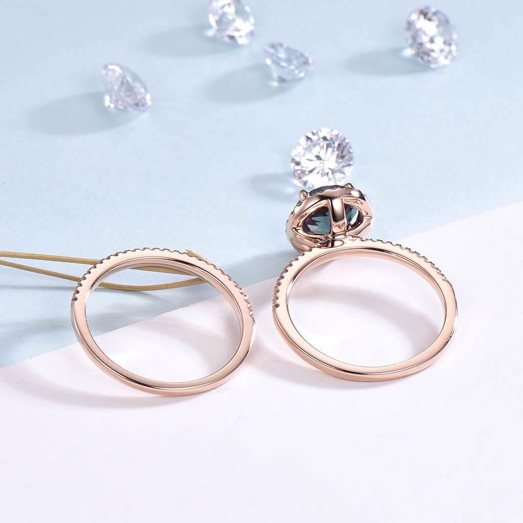**Alexandrite Diamond Halo Engagement Ring & Wedding Band Set for Women - Perfect for Proposals, Bridal Jewelry, and Anniversary Gifts**
