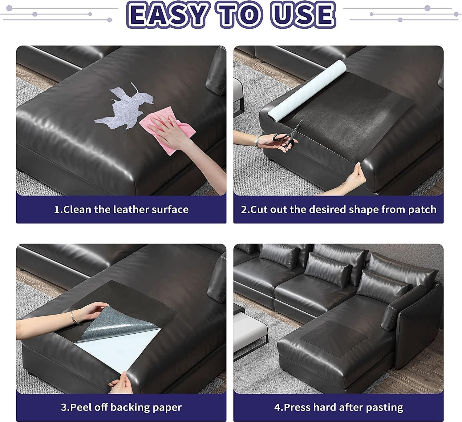 REMANG Self-Adhesive Leather Repair Patch - 30x60cm Upholstery Repair Tape for Sofas, Chairs, Car Seats & Furniture - Easy DIY Leather Repair Kit (Black, 1-Pack) - Perfect for Home, Office & Vehicle Interior Restoration