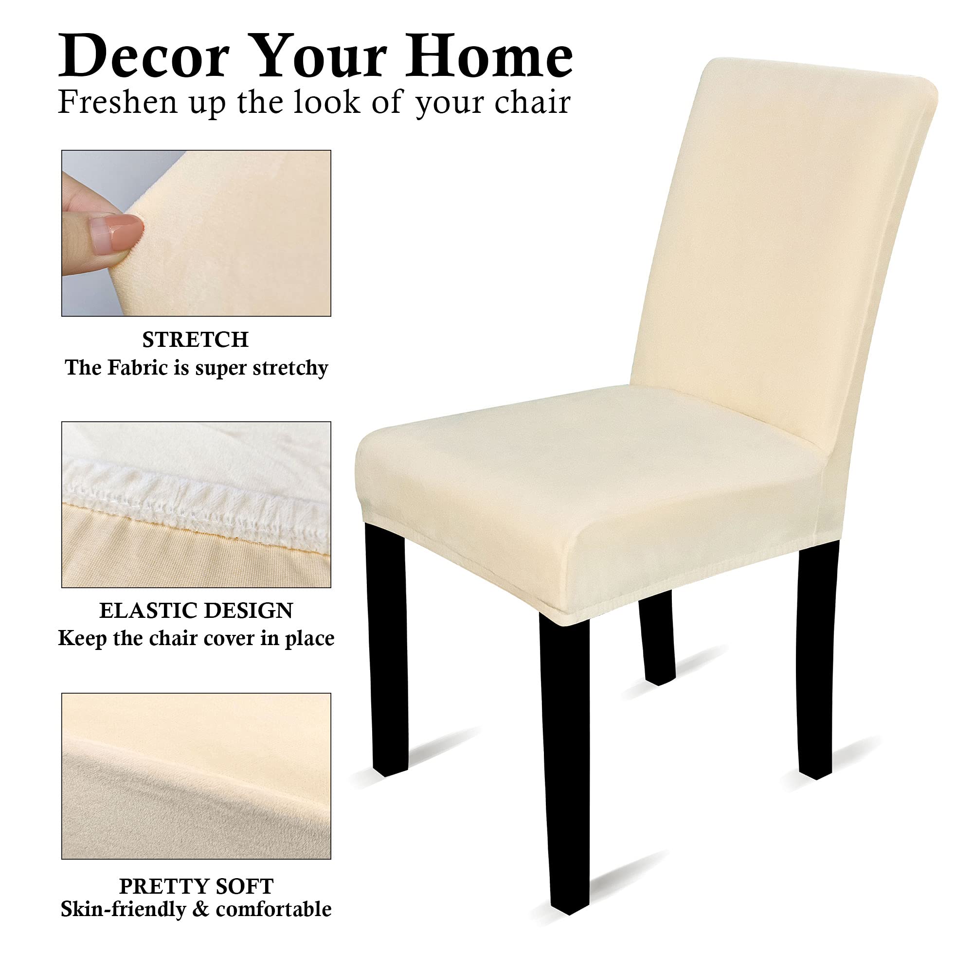 Stretch Velvet Chair Covers - Washable Elastic Dining Chair Slipcovers (Beige, 1pc) | Perfect for Home Dining Rooms, Hotels, Banquets & Weddings