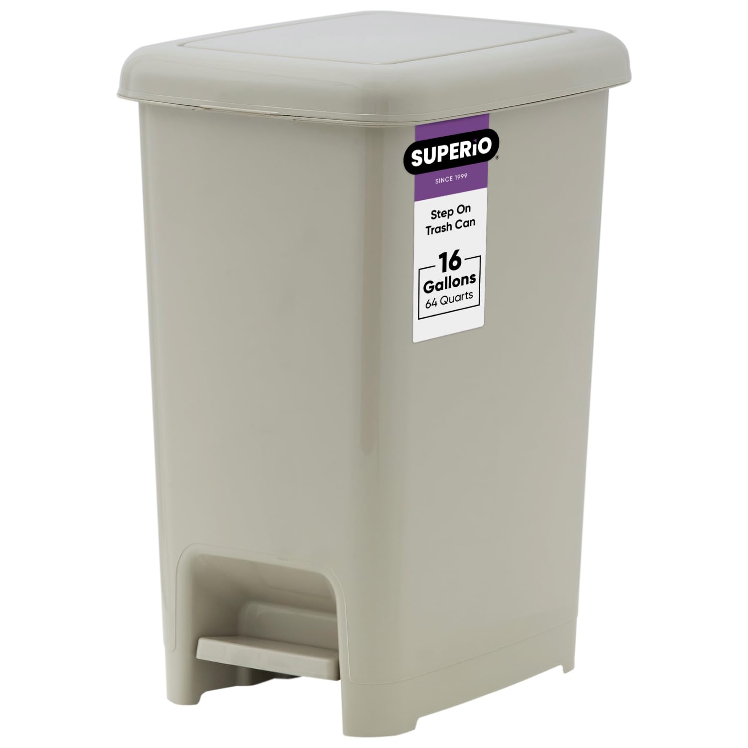 Superio 64 Qt. Slim Step-On Trash Can with Foot Pedal - Large Durable Plastic Kitchen Garbage Bin with Removable Bucket - 16 Gallon Waste & Recycling Bin in Greige - Perfect for Kitchen, Office, Bathroom & Home Use