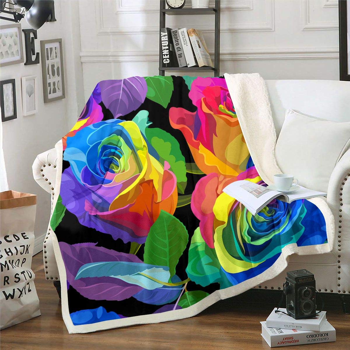 3D Rose Floral Print Sherpa Fleece Throw Blanket - Ultra Soft Plush Blanket with Vibrant Rainbow Roses Pattern for Sofa, Couch & Bed Decor (87x95 Inch, King Size) | Perfect for Romantic Home Decor, Cozy Winter Nights and Gift Giving