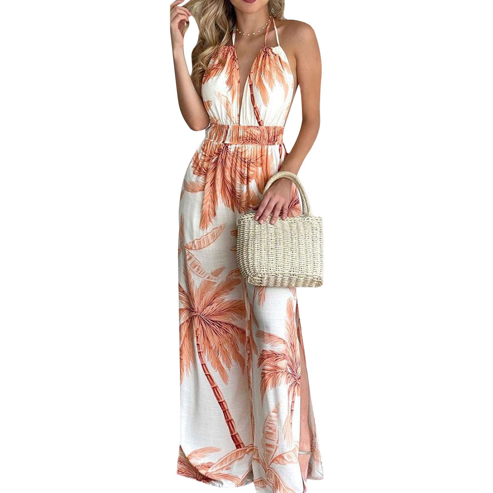 Women's V-Neck Floral Jumpsuit - Boho Chic Printed Romper with Sleeveless & Backless Lace-Up Design | Casual Summer Outfit for Beach, Vacation & Outdoor Parties