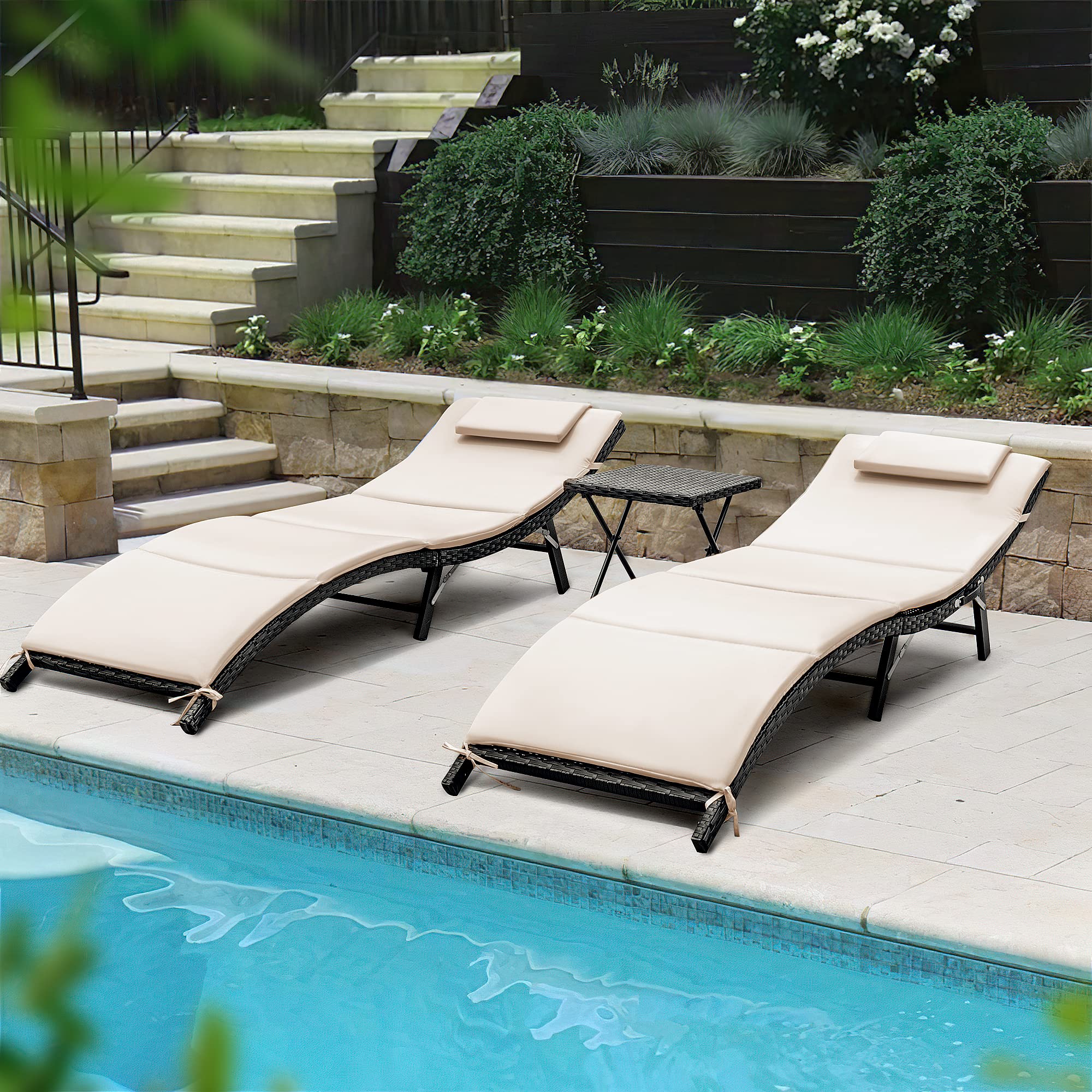 Homall 3-Piece Outdoor Chaise Lounge Set - PE Rattan Reclining Chairs with Folding Table & Cushions for Patio, Beach, Poolside (Beige) | Perfect for Sunbathing, Relaxing & Backyard Lounging
