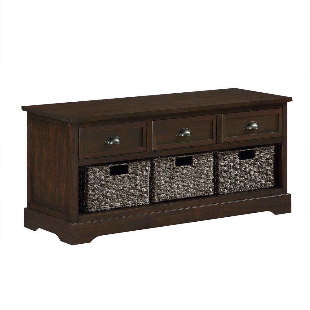 Fuara Homes Collection Wicker Storage Bench with 3 Drawers & 3 Woven Baskets - Rustic Walnut Finish | Perfect for Entryway, Bedroom, or Living Room Organization