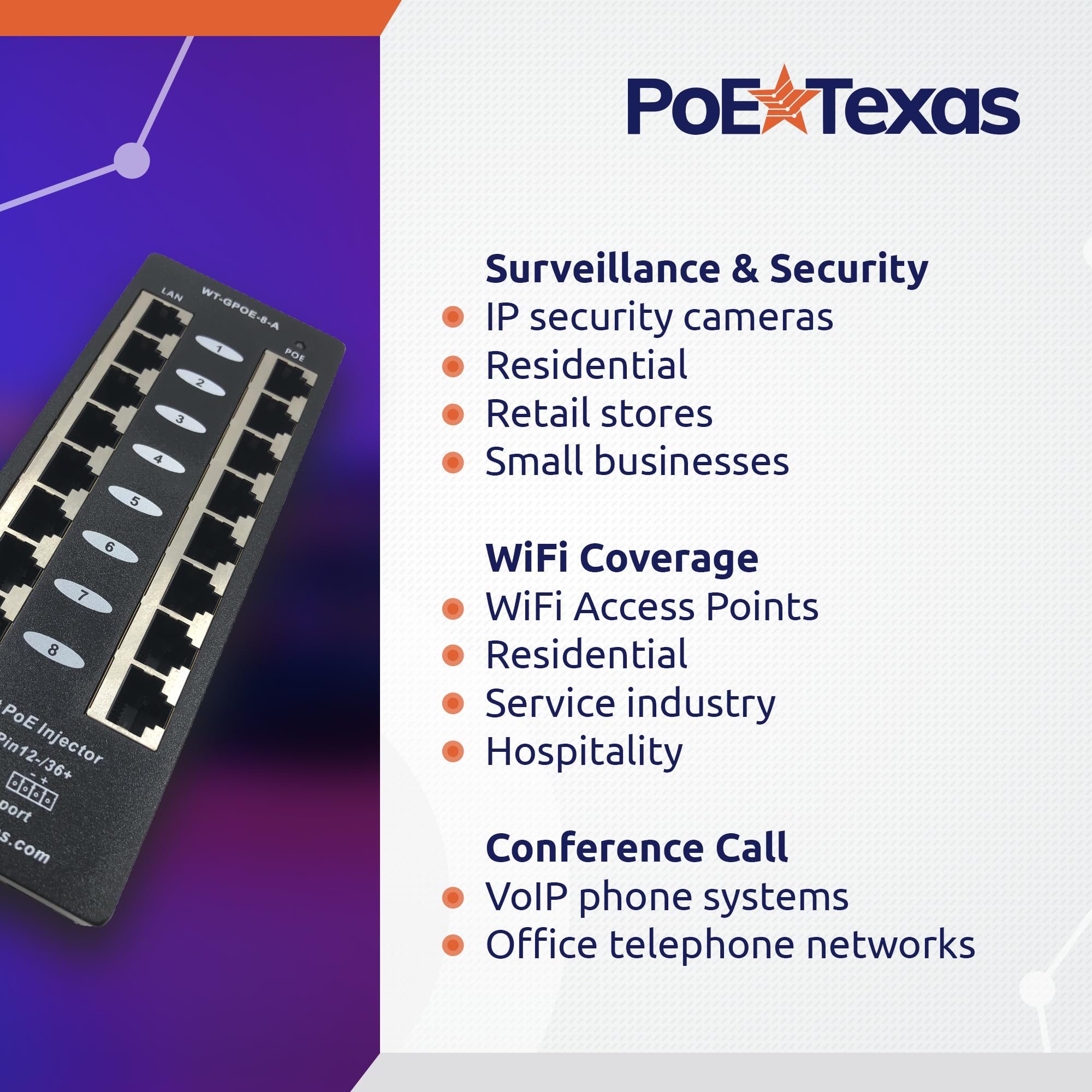 8 Port Gigabit Passive PoE Injector - 48V 120W Power Over Ethernet Midspan - Wall Mount for IP Cameras, WiFi Access Points & VoIP Phones - Compatible with Non-PoE Switches | Home Security & Office Network Setup