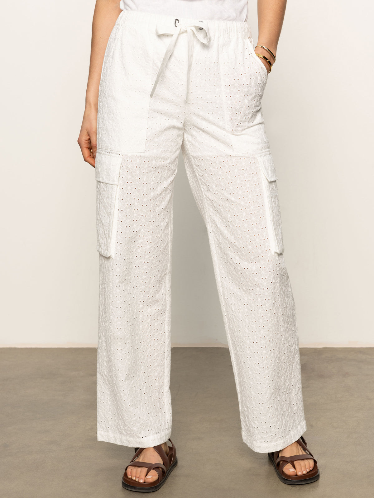 Free Time Women's Eyelet Semi High Rise Pants - Bleached White | Casual Comfort for Summer Outings & Beach Vacations