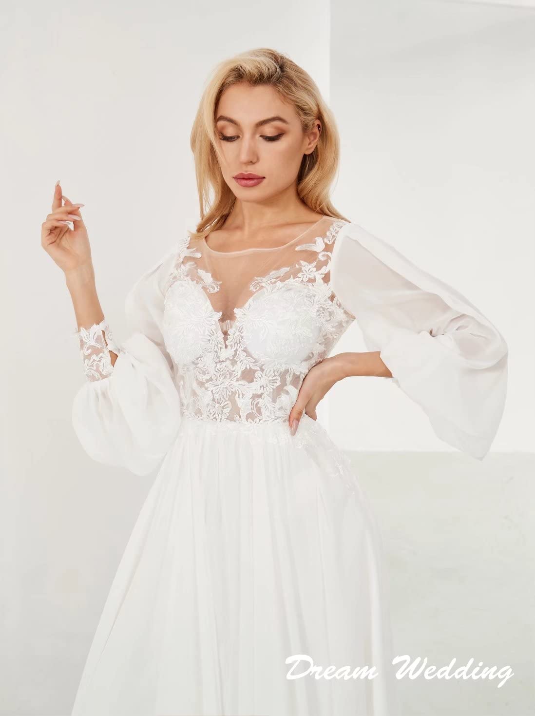 Elegant Deep V Neck Long Wedding Dress with Puffy Sleeves & Lace Appliques - Romantic Bridal Gown for Women (DR0001-12) | Perfect for Beach, Church & Outdoor Wedding Ceremonies