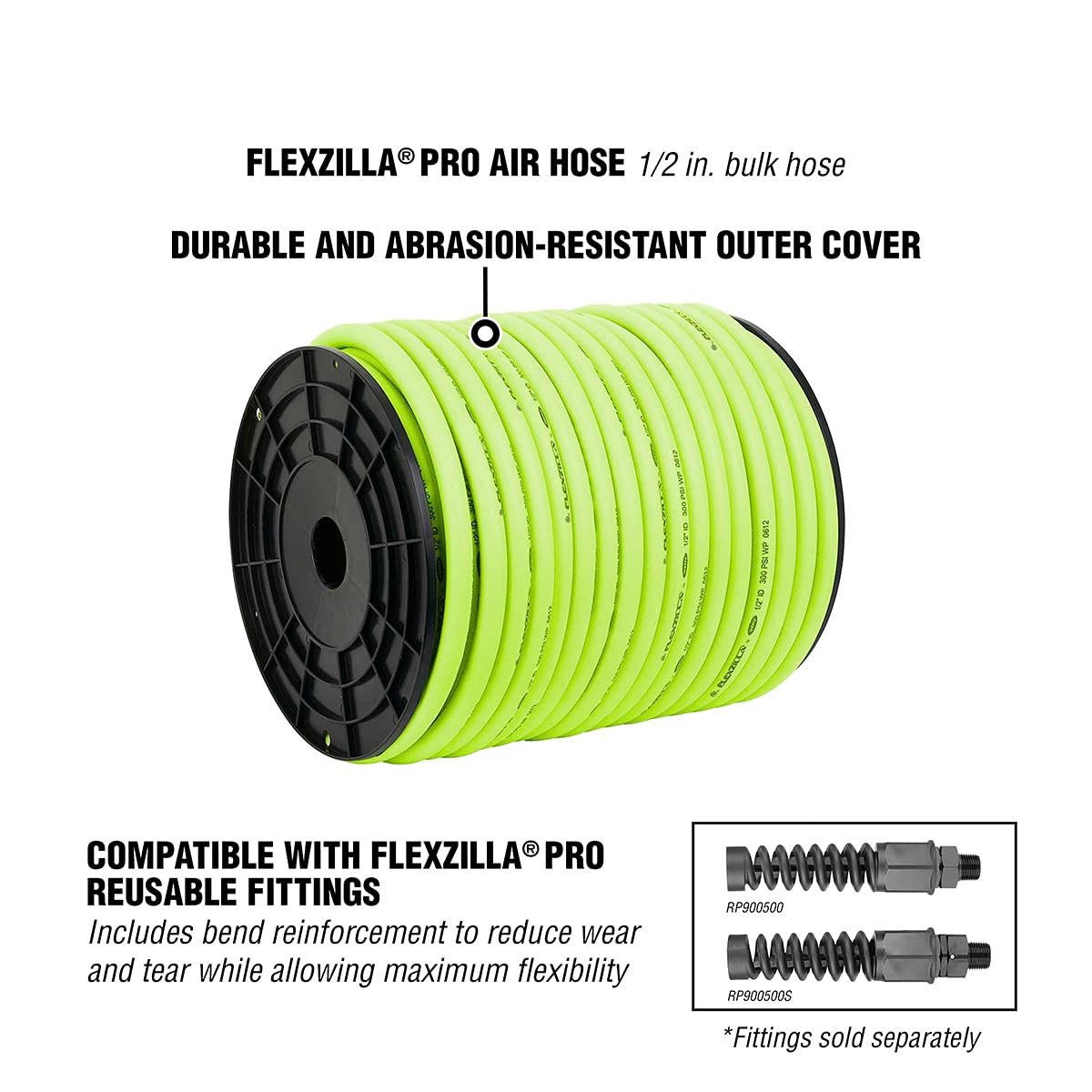 Flexzilla Pro 1/2 inch x 250 ft Air Hose with Bulk Plastic Spool & Reusable Swivel Fitting Bundle - Ideal for Construction, Auto Repair, and Industrial Pneumatic Tools