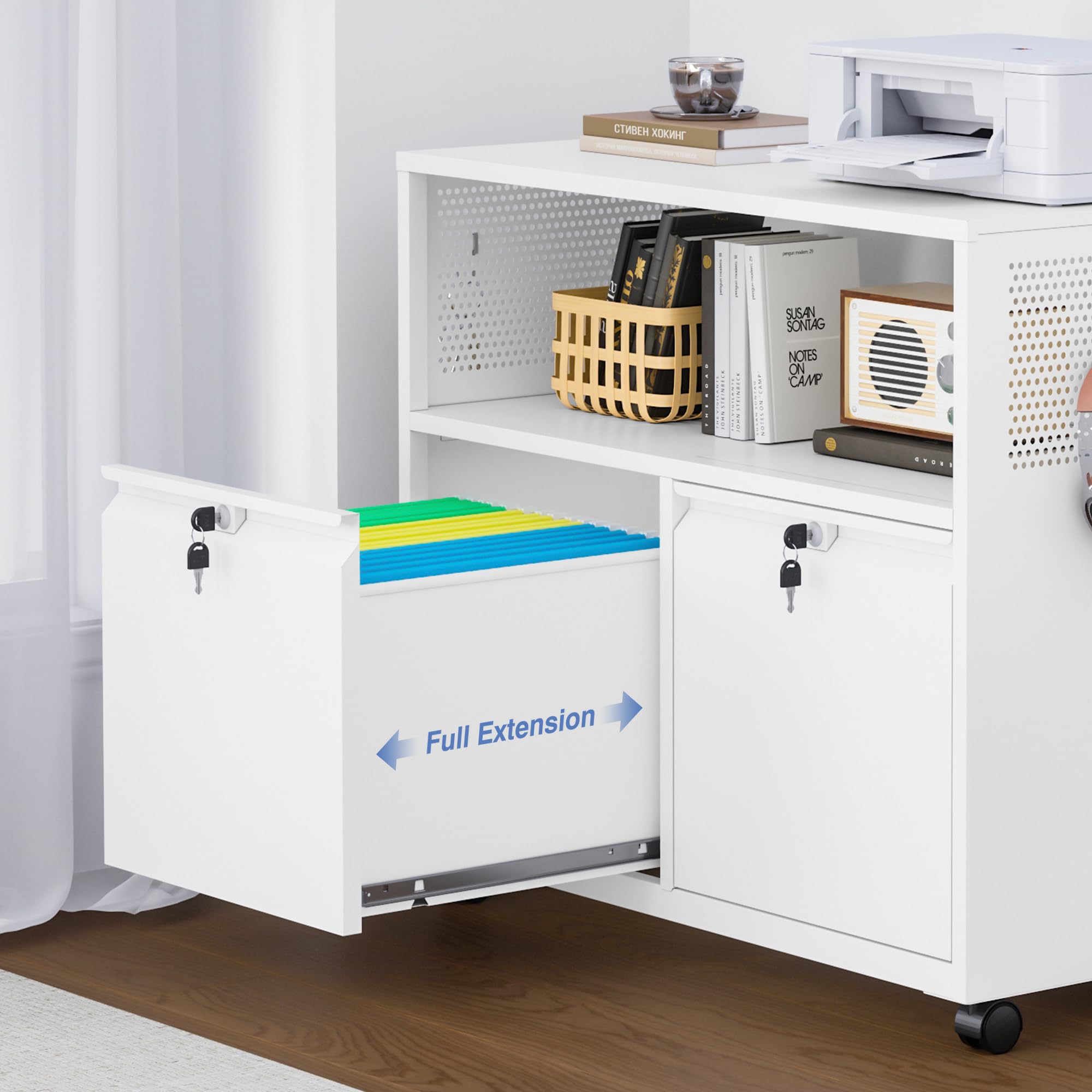 2-Drawer Metal Lateral File Cabinet with Lock & Wheels - Rolling Storage Cabinet for Letter/Legal/A4 Files, Home Office Organization & Printer Stand (White) - Perfect for Office, Study Room & Home Workspace Storage Solutions