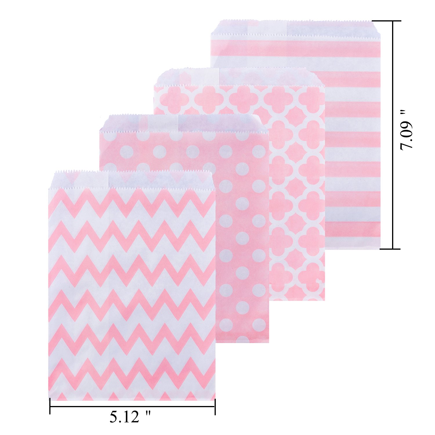 Eco-Friendly Biodegradable Paper Candy & Cookie Bags - 100 Count Food Safe Party Favor Bags in 4 Assorted Pink Designs for Birthday, Wedding, Baby Shower & Buffet Treats | NUIBY Premium Quality