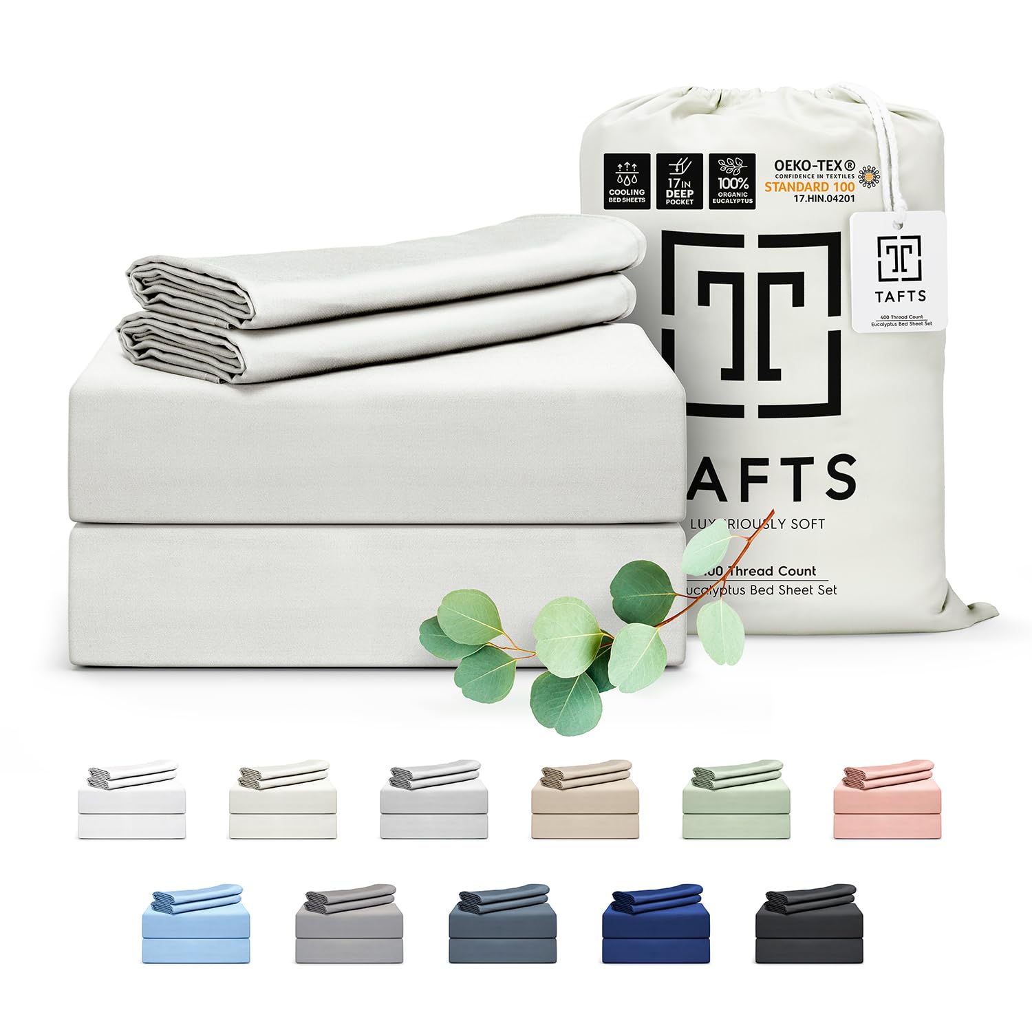 Tafts 100% Organic Eucalyptus King Size Bed Sheets - 400 Thread Count Cooling Sheets, 4-Piece Set with 17