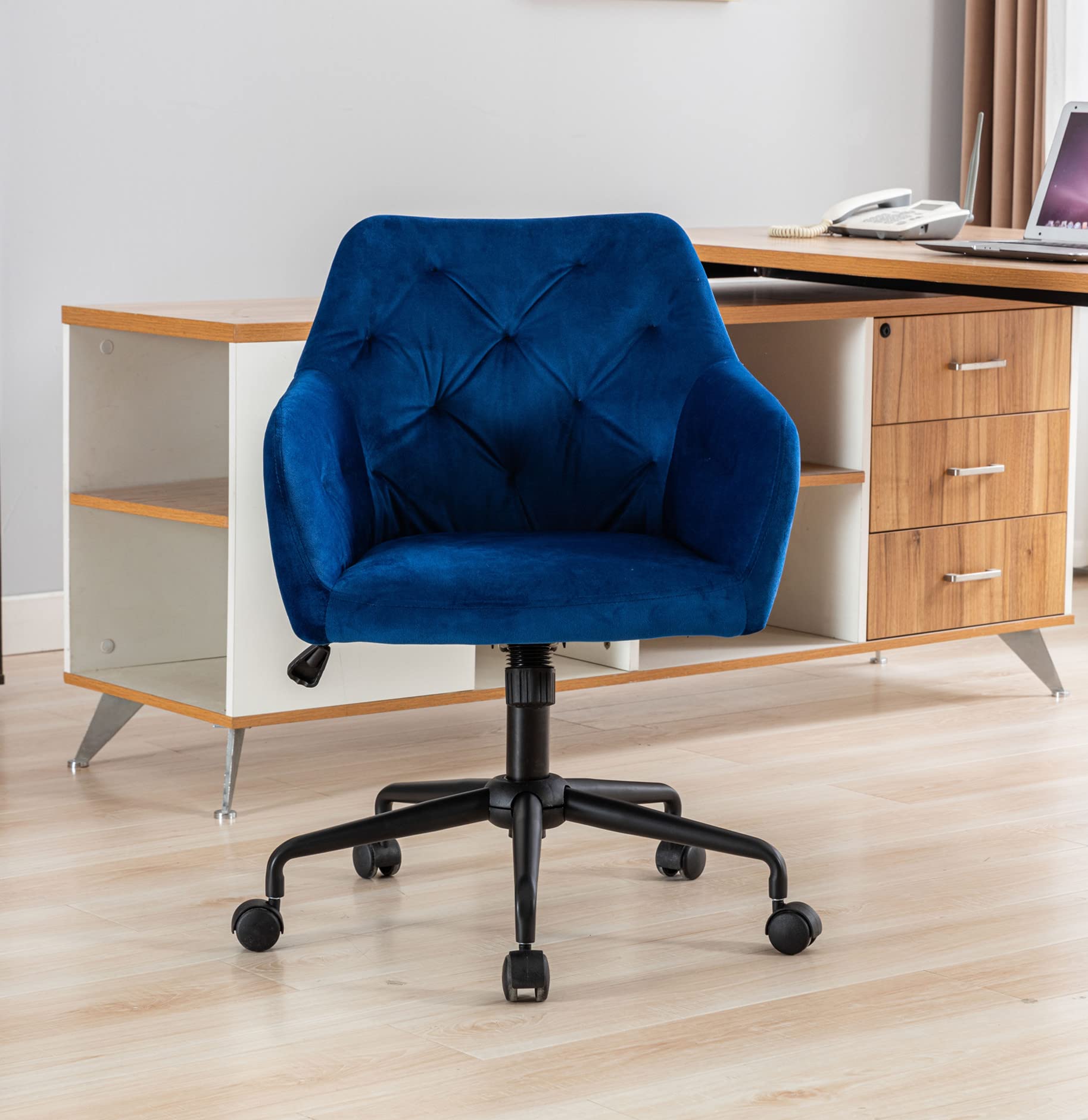 Modern Velvet Swivel Desk Chair - Mid-Back Office Computer Chair with Wheels & Tilt Function, Elegant Upholstered Task Chair for Home Office, Living Room, Bedroom (Blue & Black) - Perfect for Work, Study, Gaming & Relaxation
