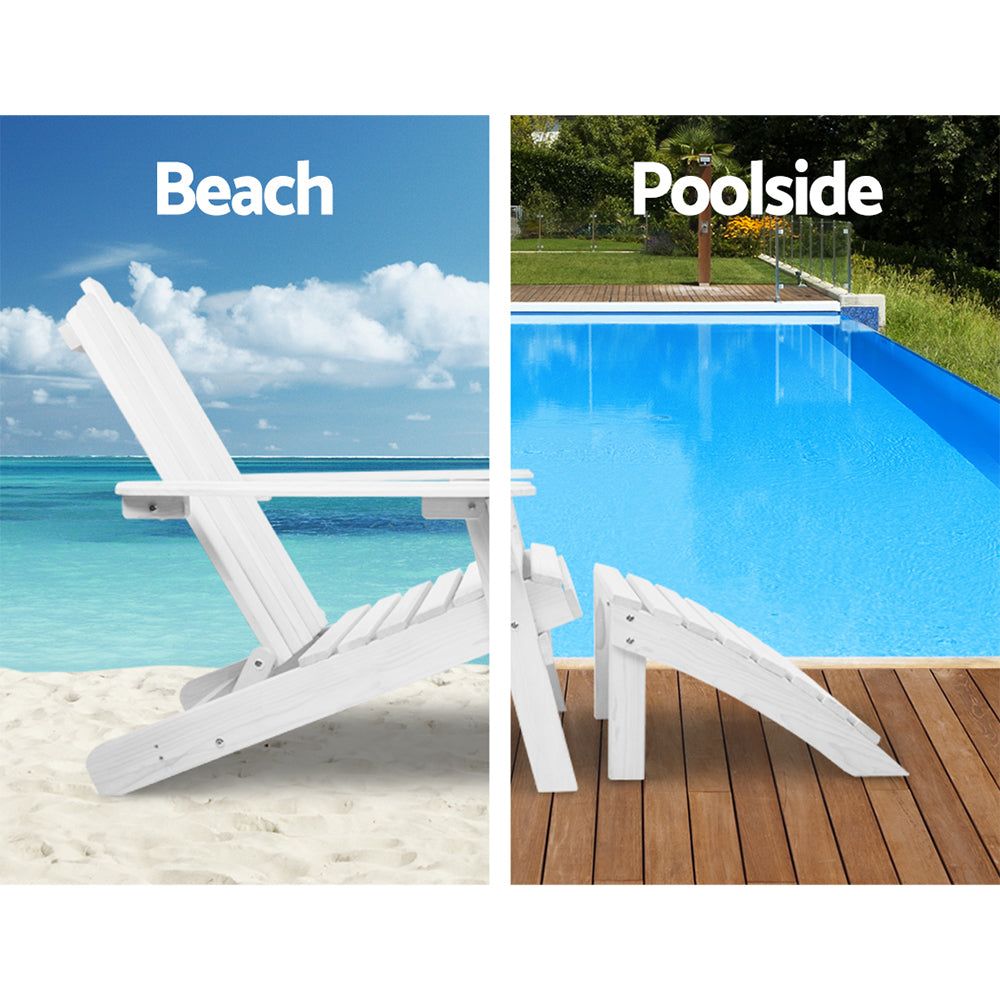 Gardeon Outdoor Sun Lounge Beach Chair - White Wooden Adirondack Patio Chair with Table Setting - Perfect for Poolside, Backyard & Beach Relaxation