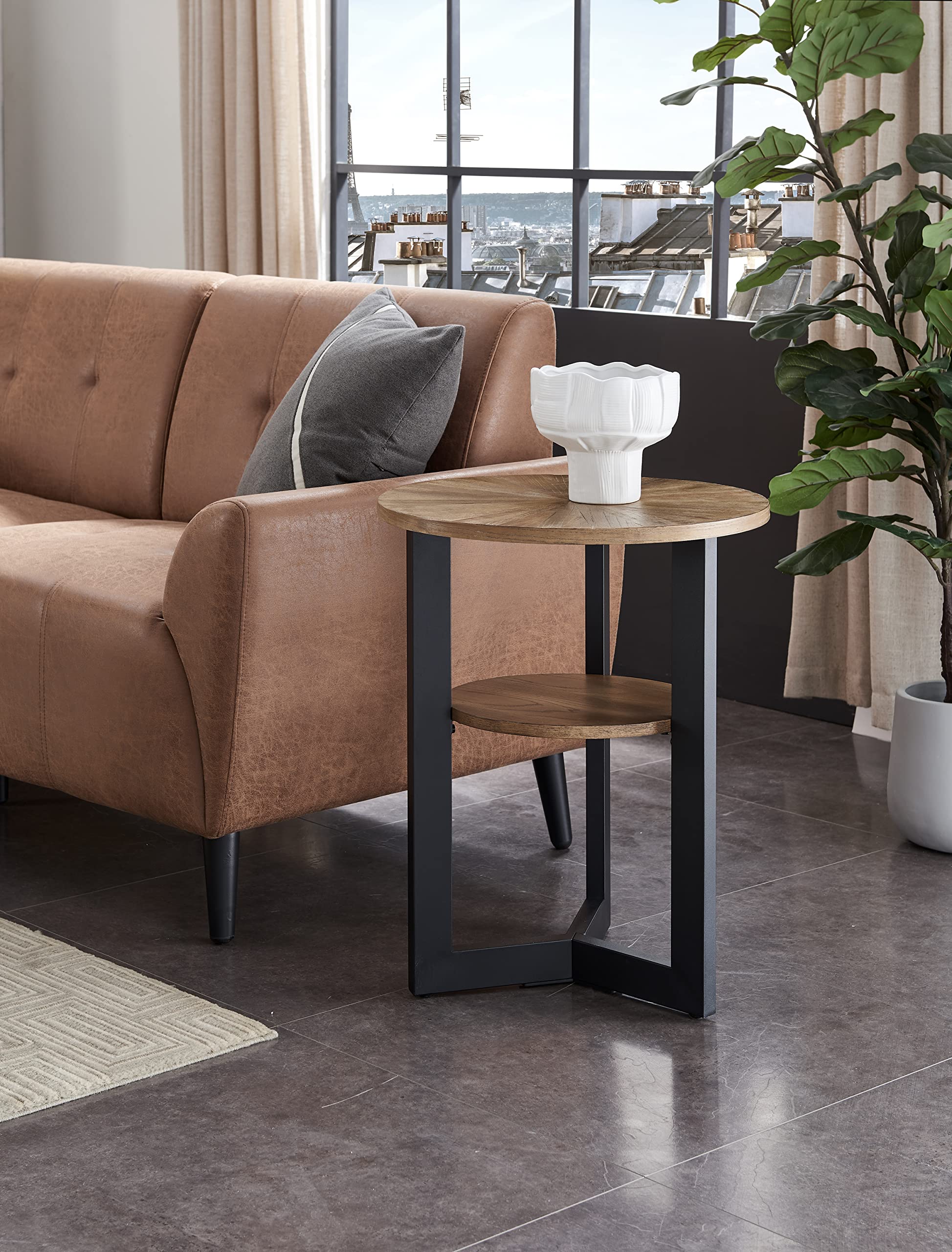 LEEMTORIG 2-Tier Round Side Table with Metal Legs - Modern Nightstand & Couch Table for Living Room, Bedroom, Office - Rustic Natural/Black Finish - 19.3