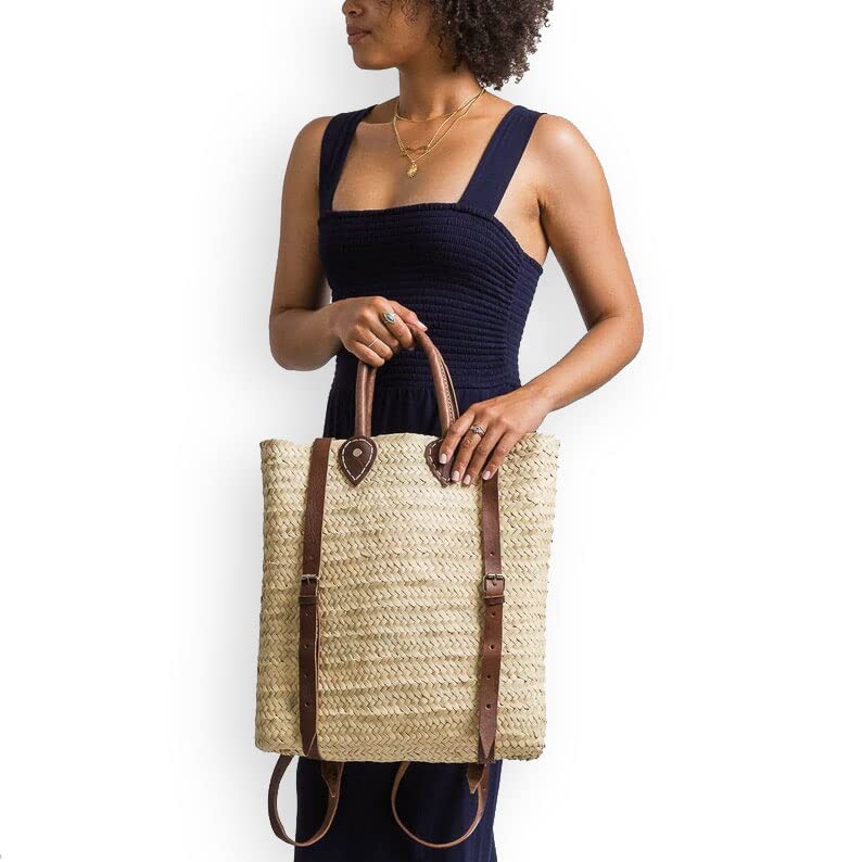 French Straw Basket Bag with Leather Strap - Bohemian Beach Backpack for Women, Summer Tote Bag for Picnic, Travel, Shopping & Outdoor Activities