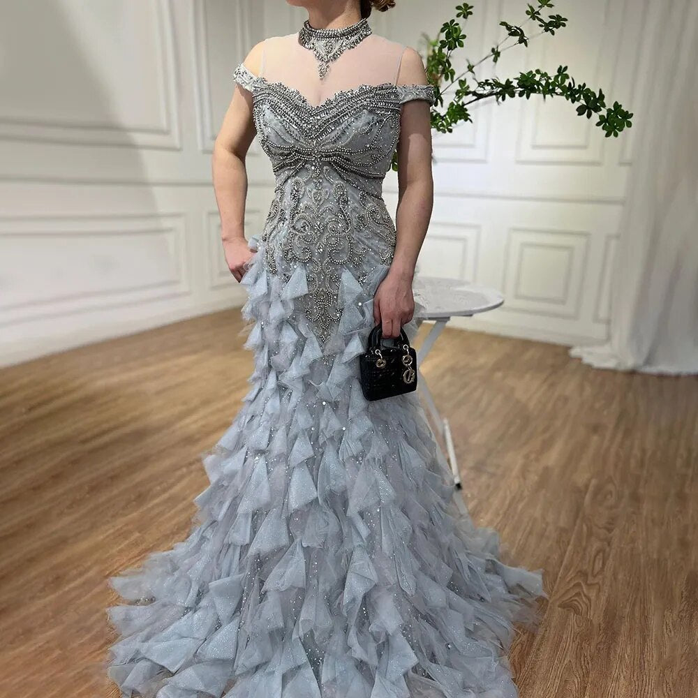 Elegant Blue Arabic Mermaid Evening Gown with Pearl Beading for Women - Luxury Wedding & Party Dress 2025 | Perfect for Formal Events, Prom, and Special Occasions