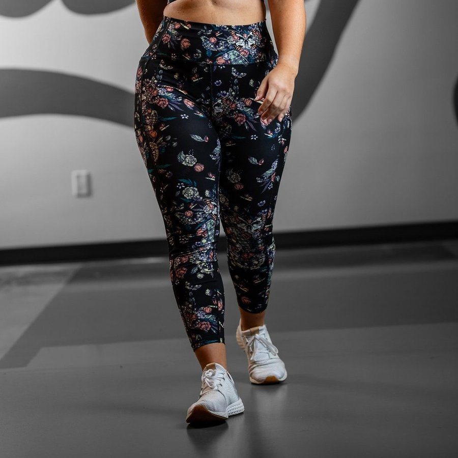 Women's High Waisted 7/8 Leggings - Agility Workout Yoga Pants with Grenade Paradise Print - Perfect for Gym, Running & Lounge Wear