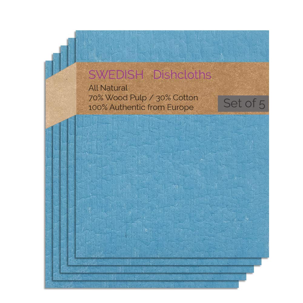 Eco-Friendly Cellulose Sponge Dish Towels - Set of 5 Reusable & Absorbent Swedish Dish Cloths (Blue) for Kitchen Cleaning, Dish Drying & Counter Wiping