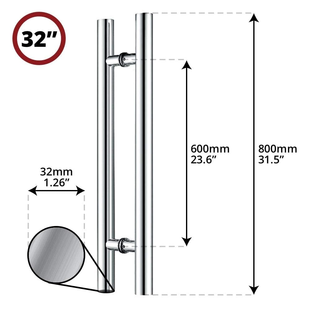 32 Inch Brushed Stainless Steel Door Handles - Modern Push/Pull Handles for Interior & Exterior Doors - Durable & Stylish Hardware for Homes, Offices, and Commercial Spaces