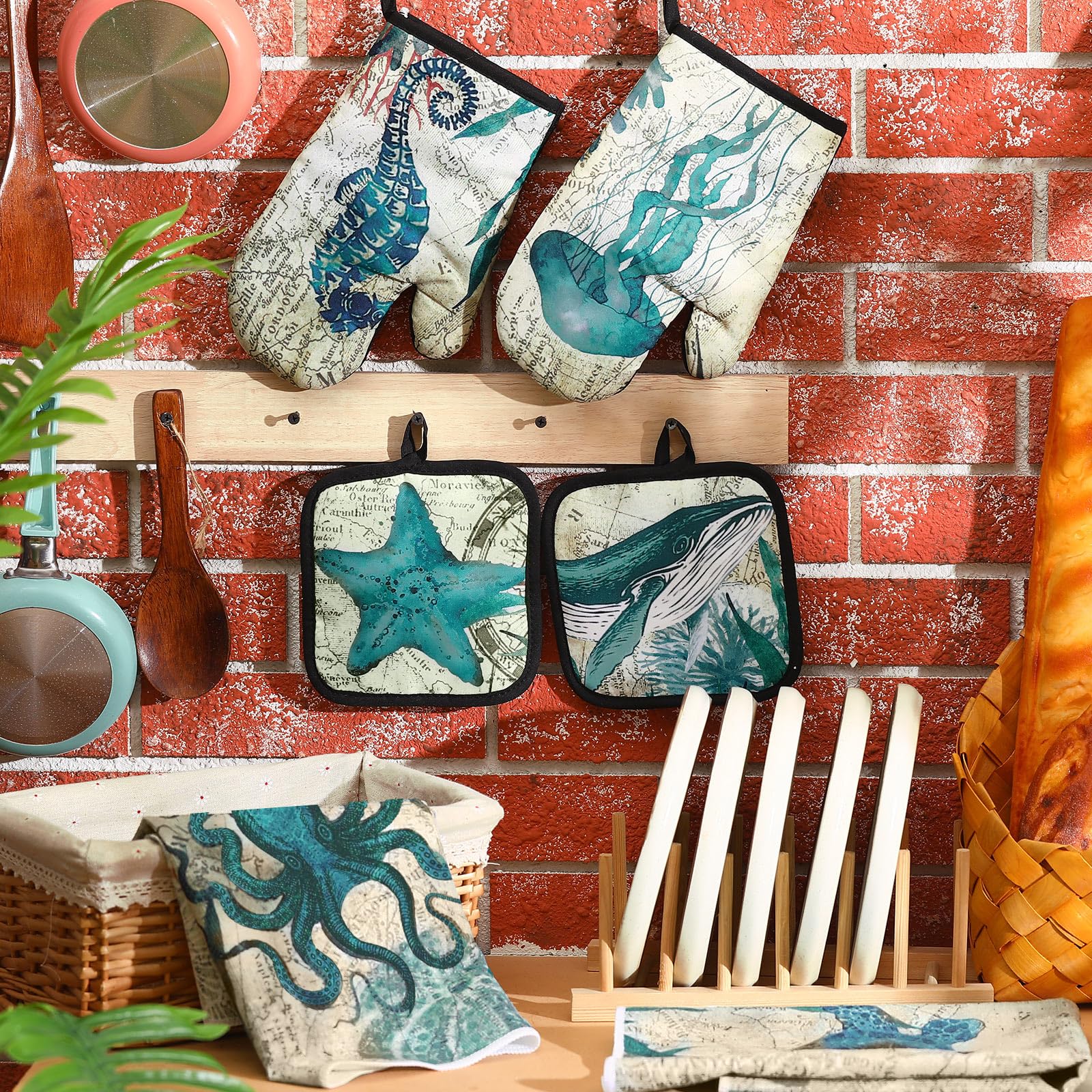 6-Piece Coastal Kitchen Towel Set - 2 Dish Towels, 2 Oven Mitts & 2 Heat Resistant Potholders - Beach Themed Ocean Animal Design for Cooking, Baking & Kitchen Decor - Perfect Housewarming Gift