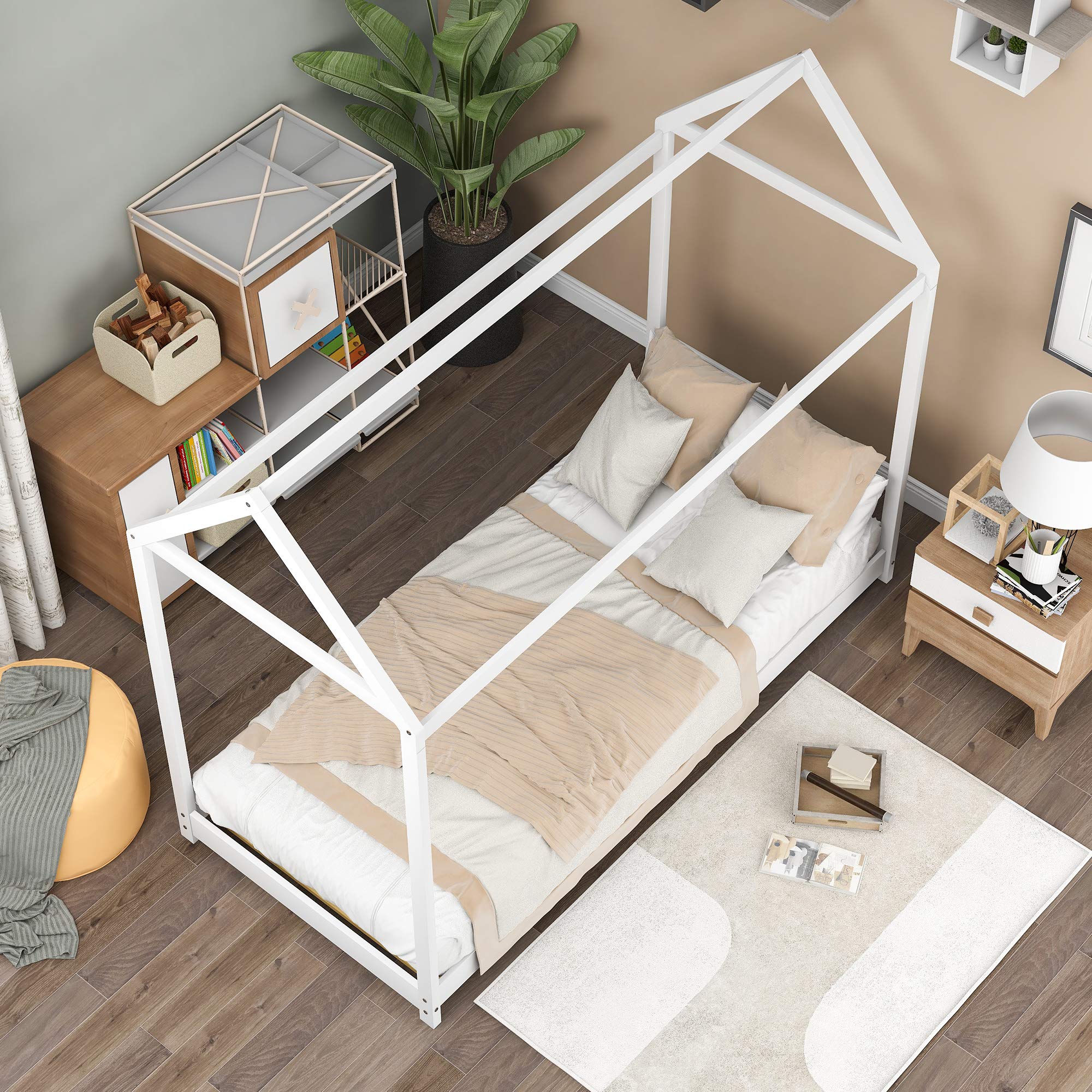 **Sturdy Twin House Bed Frame with Roof & Slat Support - Low Platform Daybed for Toddlers & Teens - White Kids Bedroom Furniture - Perfect for Nursery, Playroom & Cozy Sleep Spaces**