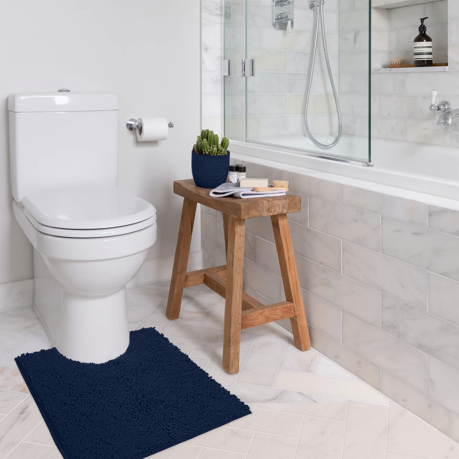 LuxUrux U-Shaped Toilet Bath Mat - Super Absorbent Non-Slip Contoured Rug for Toilet Base, Soft Plush Chenille Fabric, Machine Washable (20x20 Inches, Navy Blue) | Perfect Bathroom Floor Mat for Toilet Area, Prevents Slips & Absorbs Water Quickly