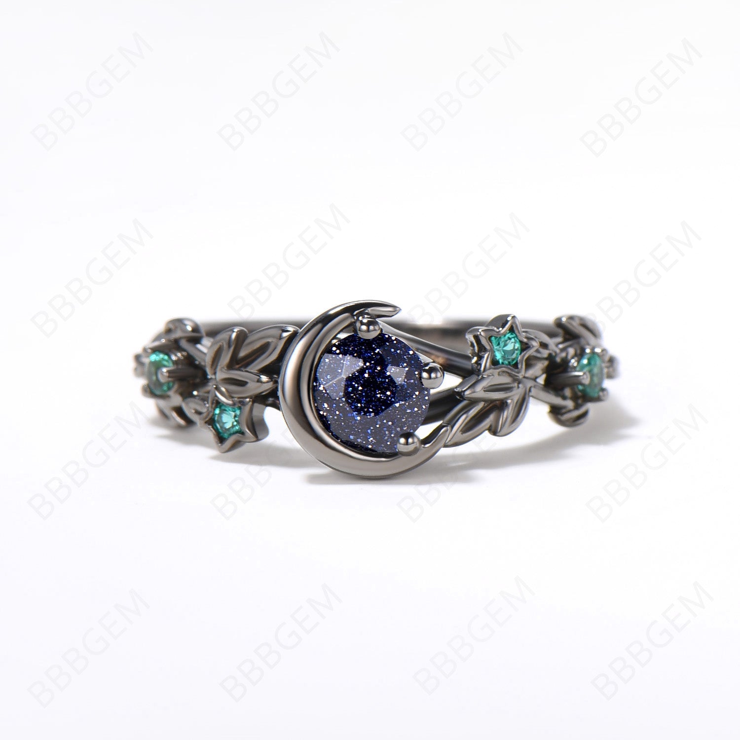 Celestial Moon Blue Goldstone Ring - Unique Black Gold Starry Sky Sandstone Ring, Nature Inspired Leaf Emerald Wedding Band, Witchy Jewelry Gift for Women (Perfect for Boho, Gothic & Spiritual Occasions)