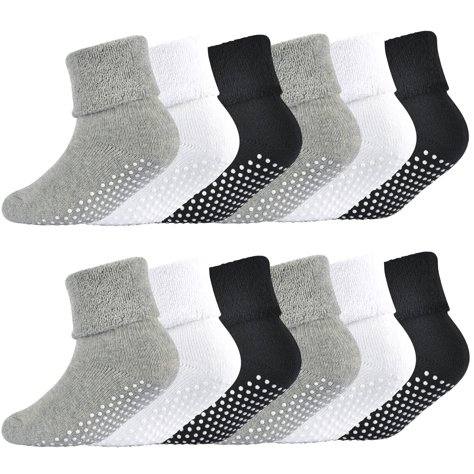 Non-Slip Baby Socks with Grips - 12 Pairs Cotton Warm Ankle Crew Socks for Toddlers - Perfect for Crawling, Walking & Playtime at Home or Daycare